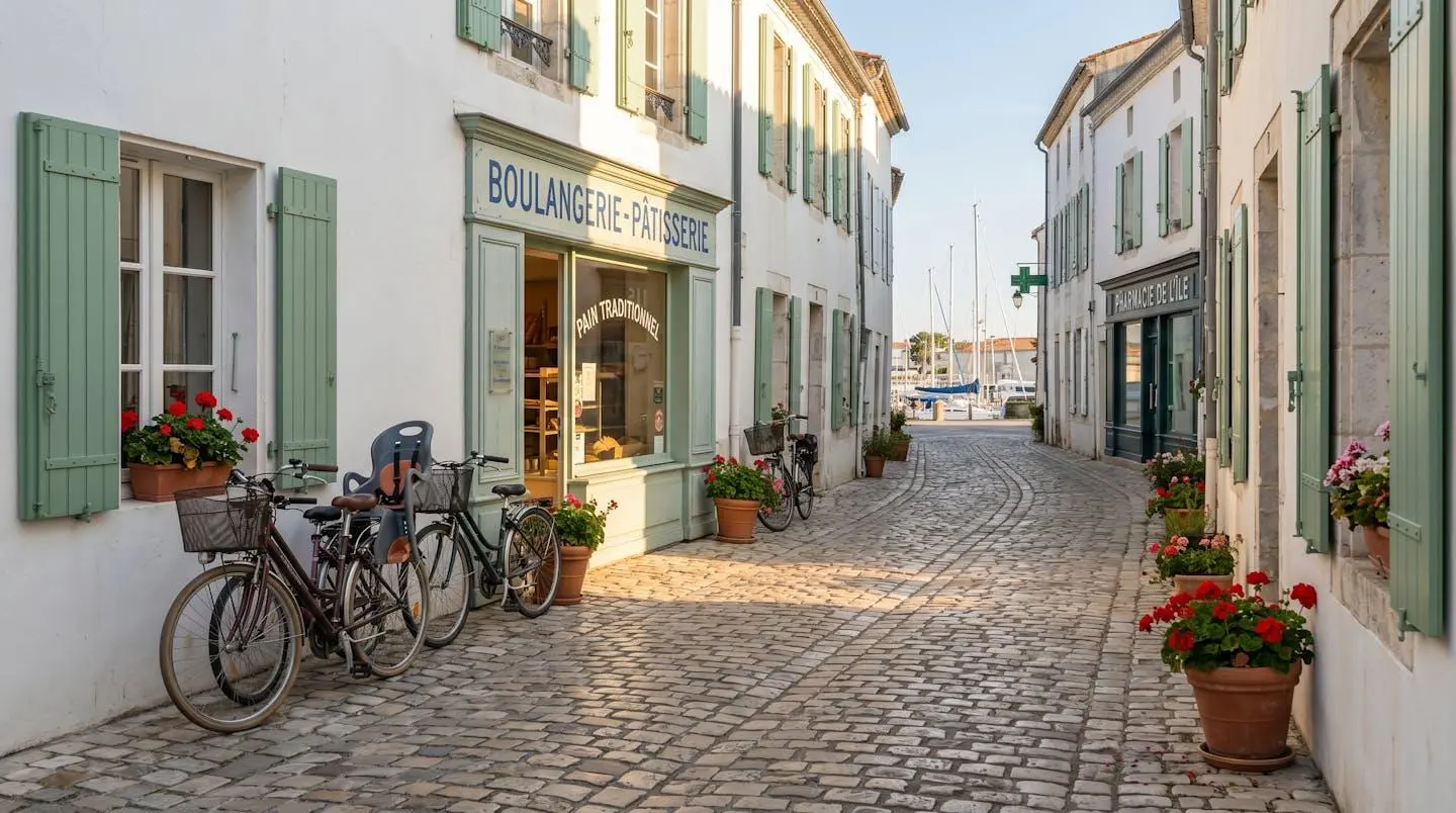 Cobblestone street in Saint-Martin-de-Ré village with traditional white buildings and green shutters, French boulangerie storefront, family bicycles with child seats parked outside, harbor visible in background