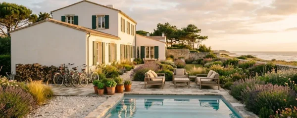 Luxury white villa with green shutters and private infinity pool on Île de Ré, Mediterranean garden with lavender plants, bicycles against wall, Atlantic Ocean visible in distance, late afternoon sunlight