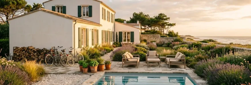 Luxury white villa with green shutters and private infinity pool on Île de Ré, Mediterranean garden with lavender plants, bicycles against wall, Atlantic Ocean visible in distance, late afternoon sunlight