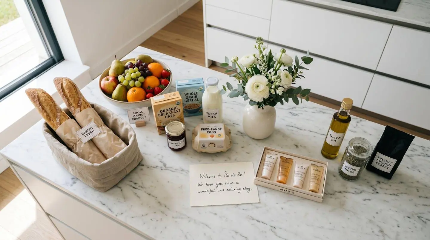 Overhead view of villa kitchen counter with professionally arranged welcome groceries including fresh baguettes, children's breakfast items, French produce, Nuxe products, and handwritten English welcome note