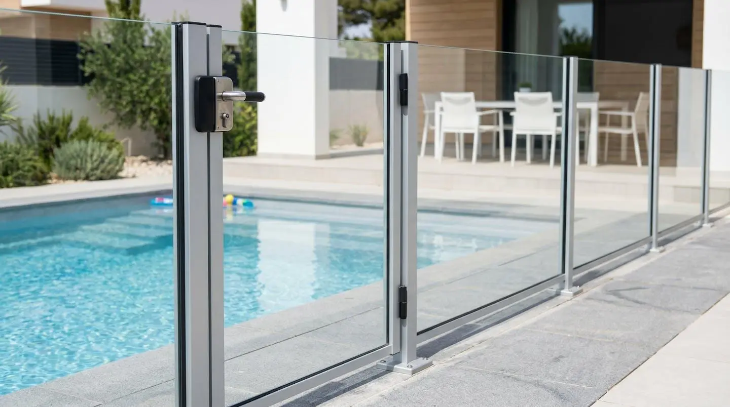 Transparent safety fence with self-closing gate and child-safe lock installed around luxury villa swimming pool, modern glass panels in aluminum frames, pool deck with contemporary stone tiling