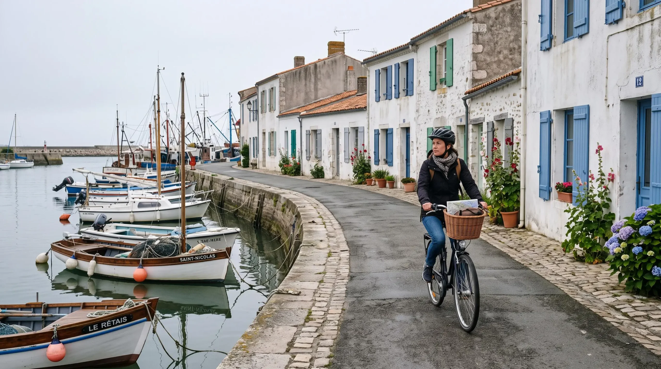 A cyclist rides through a small harbour village on Île de Ré.