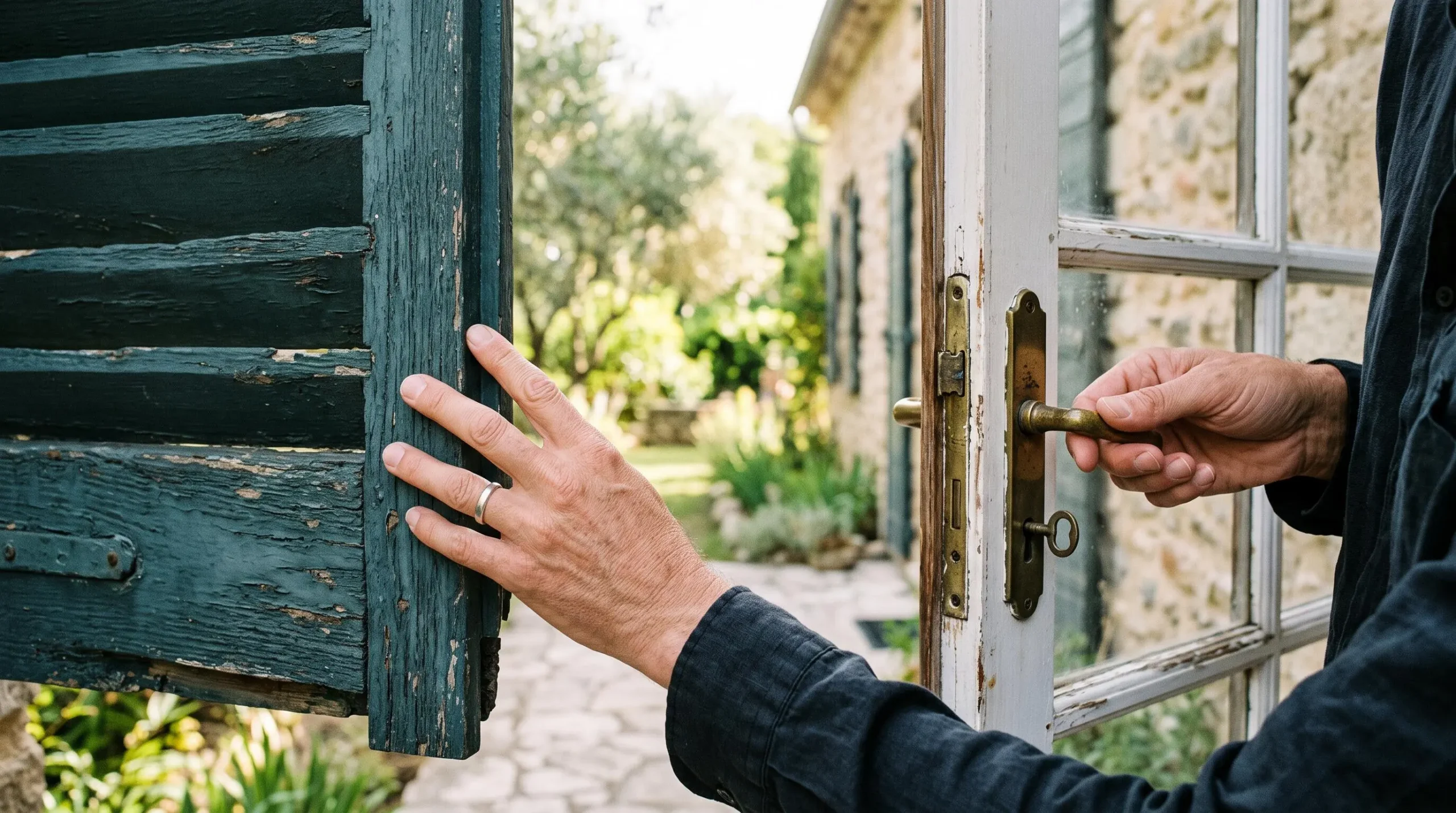 Close-up of hands checking the lock and shutter frame of a villa.
