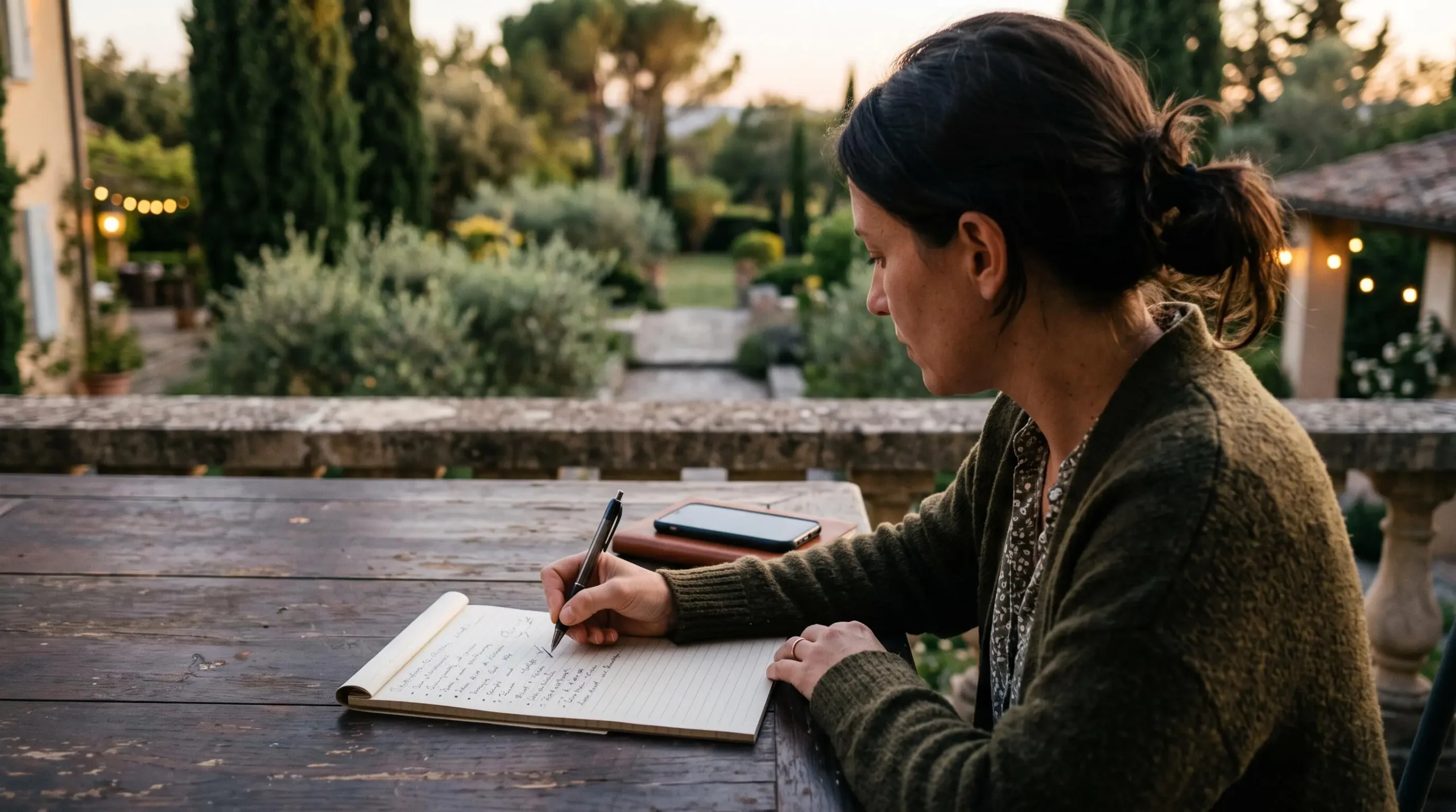 A woman ticks items on a handwritten checklist on a villa terrace.